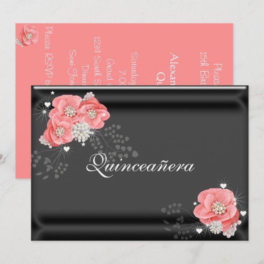Roze Bloemen op zwart, Quinceañera, 15e verjaardag Kaart (Voorkant / Achterkant)