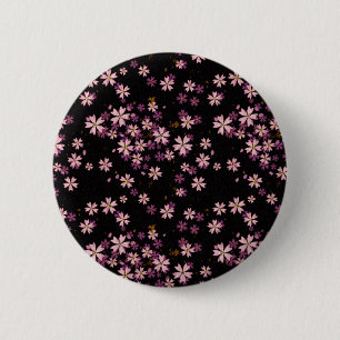 Roze bloemen op zwart ronde button 5,7 cm