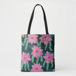 Roze bloemen op zwarte achtergrond tote bag