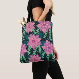 Roze bloemen op zwarte achtergrond tote bag