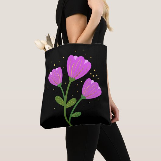 Roze bloemen op zwarte Canvas tas (Dichtbij)