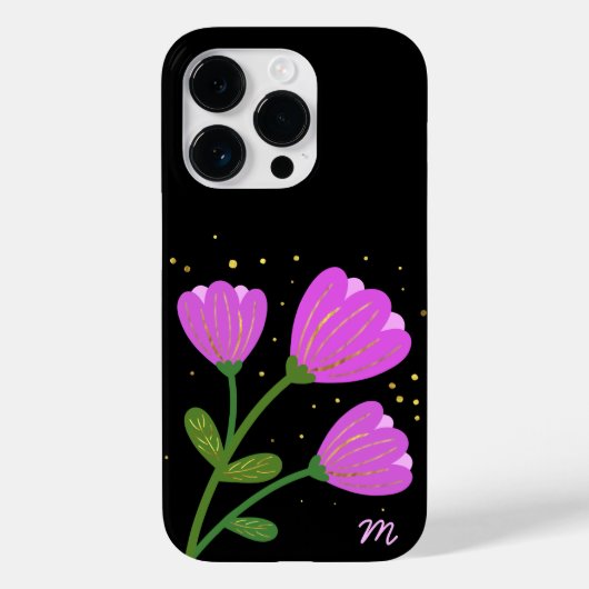 Roze Bloemen op Zwarte Hoes voor Telefoon (Achterkant)