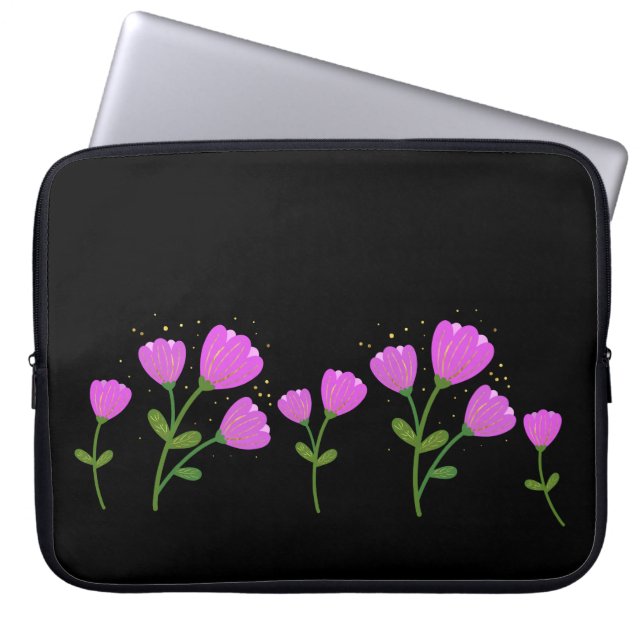 Roze bloemen op zwarte laptophoes laptop sleeve (Voorkant)