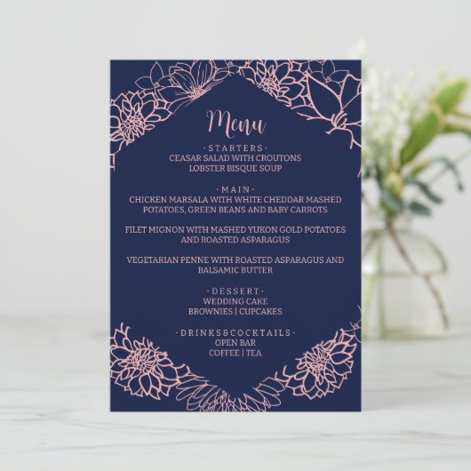 Roze Bloemen Outline Bruiloft Menu (Staand voorkant)