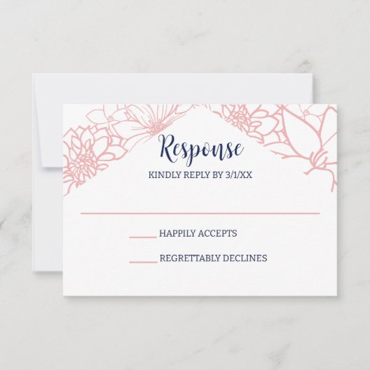 Roze Bloemen Outline Bruiloft RSVP Kaartje (Voorkant)
