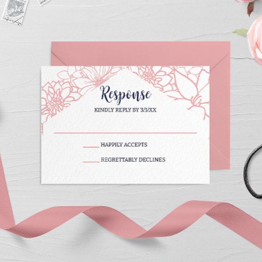 Roze Bloemen Outline Bruiloft RSVP Kaartje