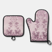 Roze Bloemen Oven Mitt & Pot Houder Set (Voorkant)