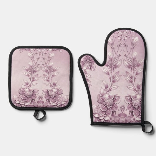 Roze Bloemen Oven Mitt & Pot Houder Set (Voorkant)