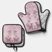 Roze Bloemen Oven Mitt & Pot Houder Set (Voorkant / Achterkant)
