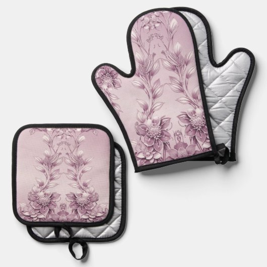 Roze Bloemen Oven Mitt & Pot Houder Set (Voorkant / Achterkant)