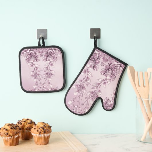 Roze Bloemen Oven Mitt & Pot Houder Set (Insitu(Ophanging))