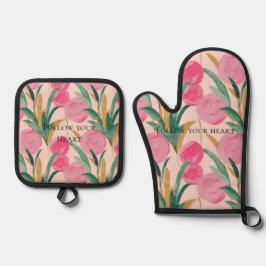 Roze bloemen ovenwant & pannenlap set