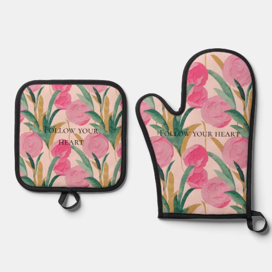 Roze bloemen ovenwant & pannenlap set (Voorkant)