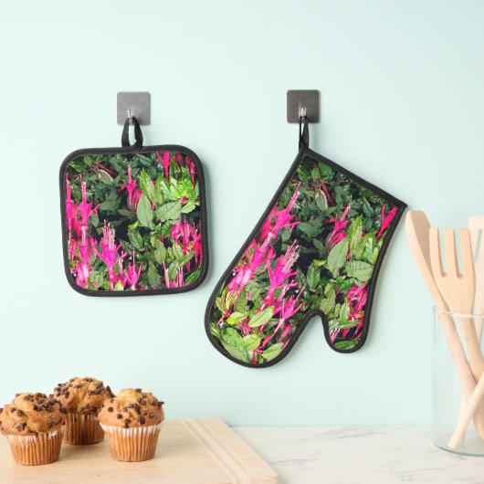 Roze bloemen ovenwant & pannenlap set (Insitu(Ophanging))
