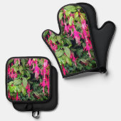 Roze bloemen ovenwant & pannenlap set (Voorkant / Achterkant)