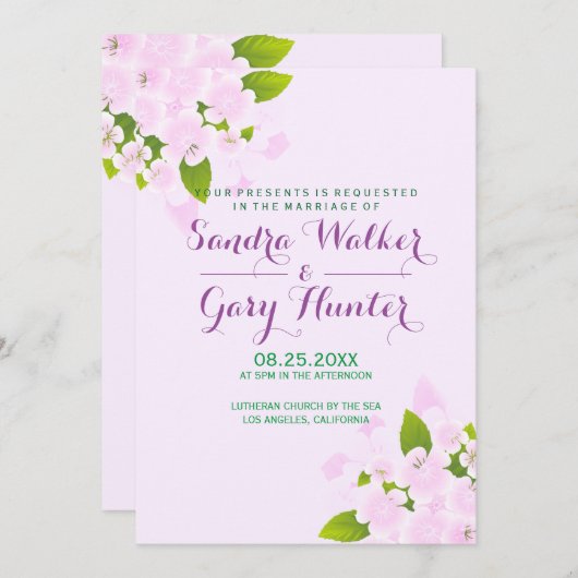 Roze Bloemen Over Licht Roze Achtergrond Bruiloft Kaart (Voorkant / Achterkant)