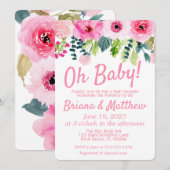 Roze Bloemen Paar Baby shower Invitation Kaart (Voorkant / Achterkant)