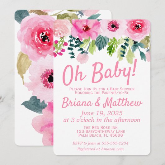 Roze Bloemen Paar Baby shower Invitation Kaart (Voorkant / Achterkant)