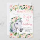 Roze Bloemen & Paard 6e Verjaardagsfeest Kaart (Voorkant)