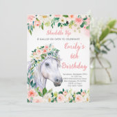 Roze Bloemen & Paard 6e Verjaardagsfeest Kaart (Staand voorkant)