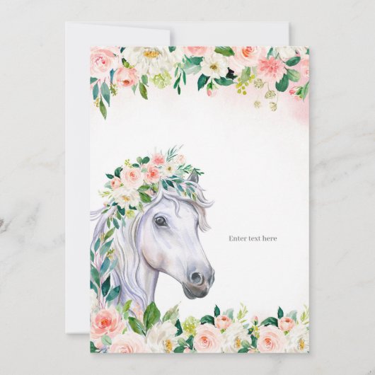 Roze Bloemen & Paard 6e Verjaardagsfeest Kaart (Achterkant)