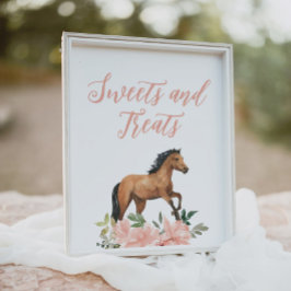 Roze Bloemen Paard Verjaardag Sweets en Treats tek Poster