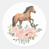 Roze Bloemen Paard Verjaardagsfeest Ronde Sticker (Voorkant)