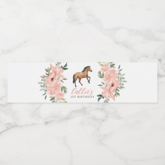 Roze Bloemen Paard Verjaardagsfeest Waterfles Etiket (Enkel label)