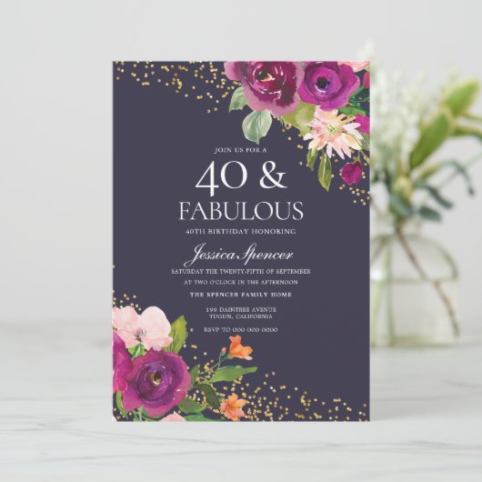 Roze bloemen Paarse 40e verjaardag Kaart (Staand voorkant)