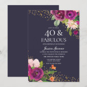 Roze bloemen Paarse 40e verjaardag Kaart (Voorkant / Achterkant)