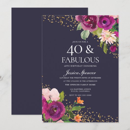 Roze bloemen Paarse 40e verjaardag Kaart (Voorkant / Achterkant)