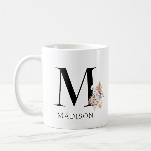 Roze Bloemen Palmetto Bladeren Waterverf Monogram Koffiemok (Links)