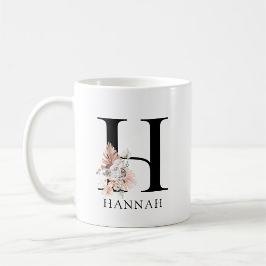 Roze Bloemen Palmetto Bladeren Waterverf Monogram Koffiemok (Links)