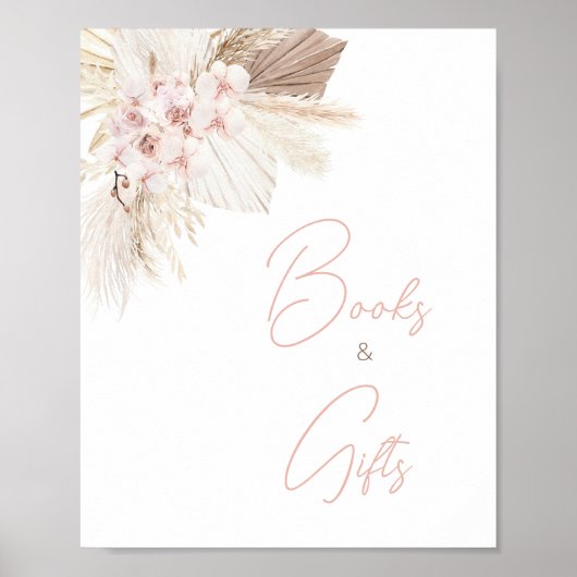 Roze Bloemen Pampas Boho Baby shower Boeken & Gesc Poster (Voorkant)