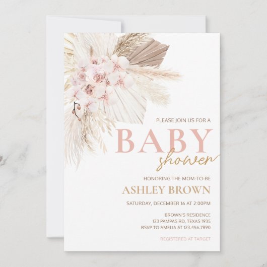 Roze Bloemen Pampas Boho Baby shower Kaart (Voorkant)