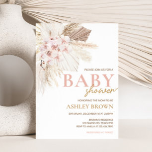 Roze Bloemen Pampas Boho Baby shower Kaart