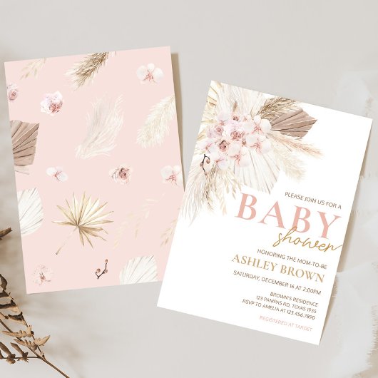 Roze Bloemen Pampas Boho Baby shower Kaart
