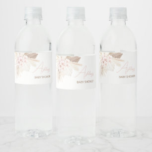 Roze Bloemen Pampas Boho Baby shower Waterfles Etiket