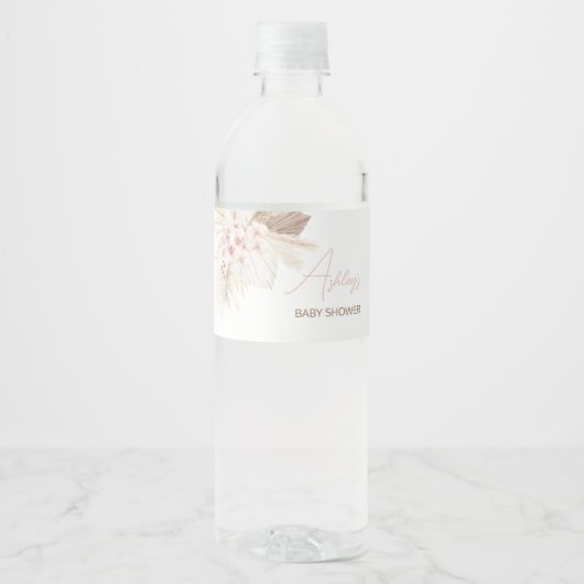 Roze Bloemen Pampas Boho Baby shower Waterfles Etiket (Voorkant)