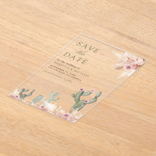 Roze Bloemen Pampas Cactus Trouwen Save the Date Acryl Uitnodigingen (Laagn)