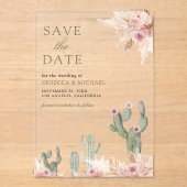 Roze Bloemen Pampas Cactus Trouwen Save the Date Acryl Uitnodigingen (Voorkant)