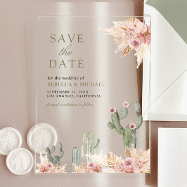Roze Bloemen Pampas Cactus Trouwen Save the Date Acryl Uitnodigingen