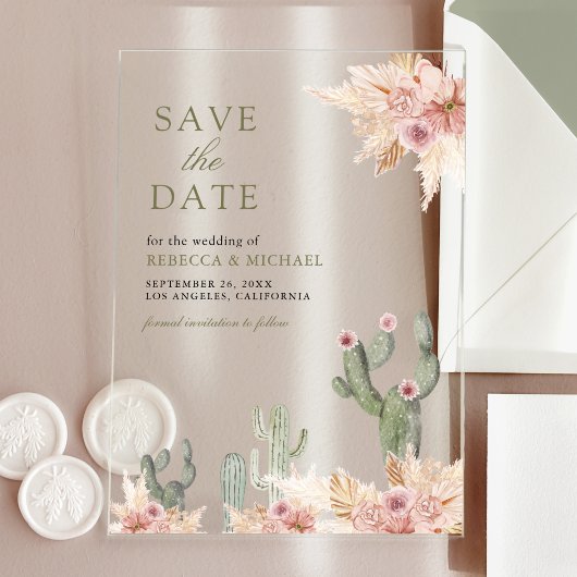Roze Bloemen Pampas Cactus Trouwen Save the Date Acryl Uitnodigingen