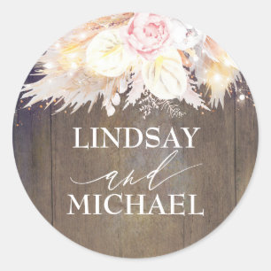 Roze Bloemen Pampas Gras Houten Bruiloft Ronde Sticker