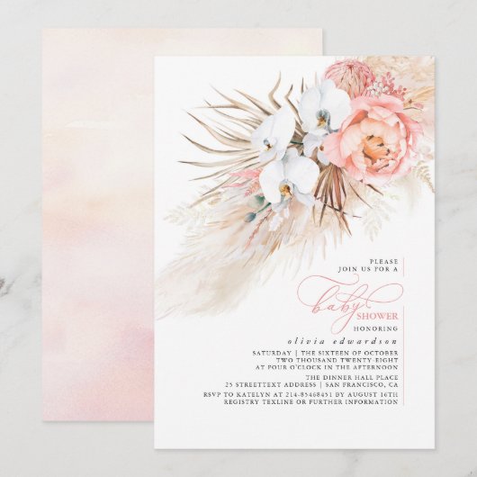 Roze Bloemen Pampas Grass Baby shower Invitation Kaart (Voorkant / Achterkant)