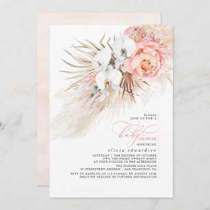 Roze Bloemen Pampas Grass Baby shower Invitation Kaart