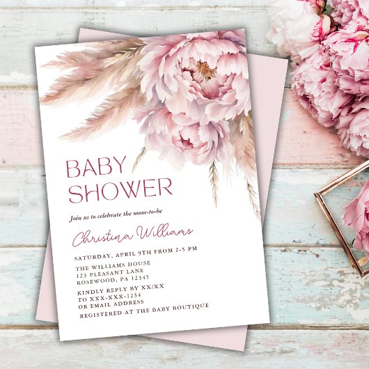 Roze Bloemen Pampas Grass Baby shower Kaart