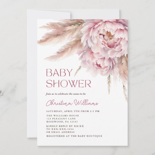 Roze Bloemen Pampas Grass Baby shower Kaart (Voorkant)