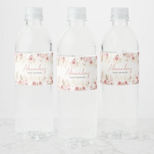 Roze Bloemen Pampas Grass Baby shower Waterfles Etiket (Flessen)