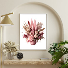 Roze Bloemen Pampas Grass Boho Bloemen in Vaas Poster
